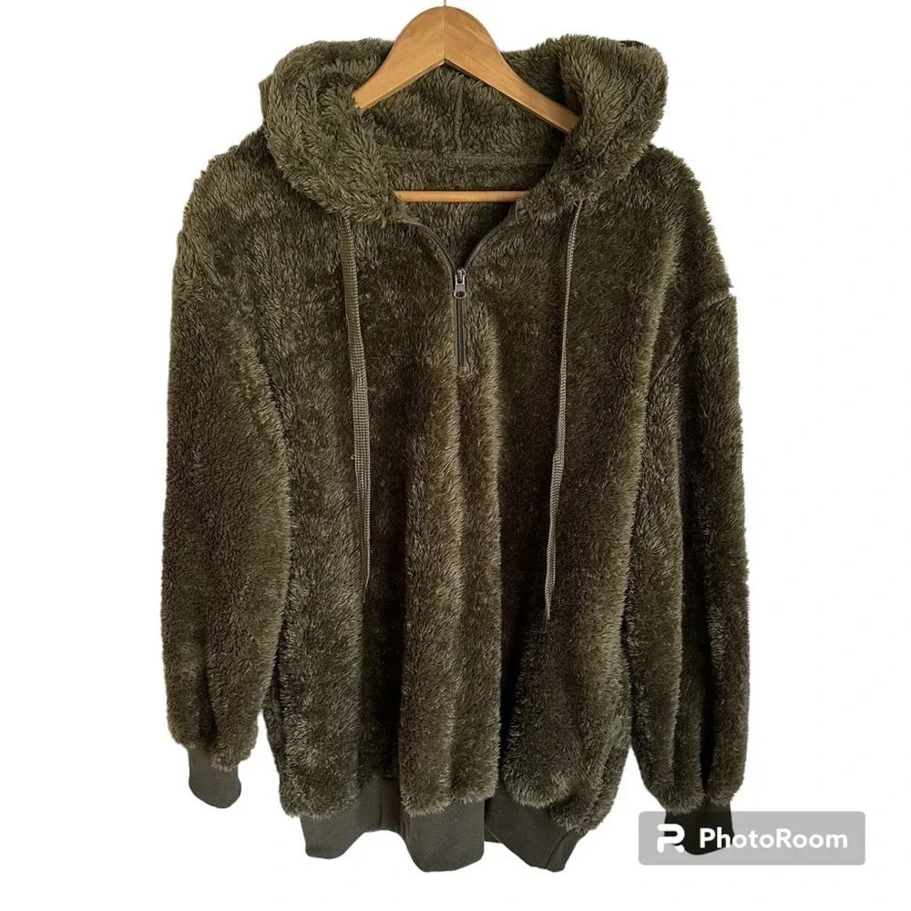 Teddy Bear Furry Long Sleeve Zip Up Sweater Hoodie with Ties Size Large